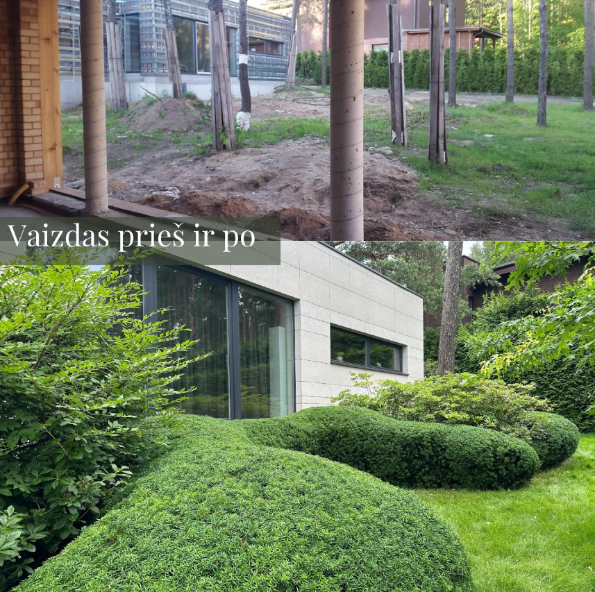 Landšafto dizaino transformacijos pavyzdys – prieš ir po projekto įgyvendinimo. Nuo tuščio sklypo iki prabangios, harmoningos žaliosios erdvės.