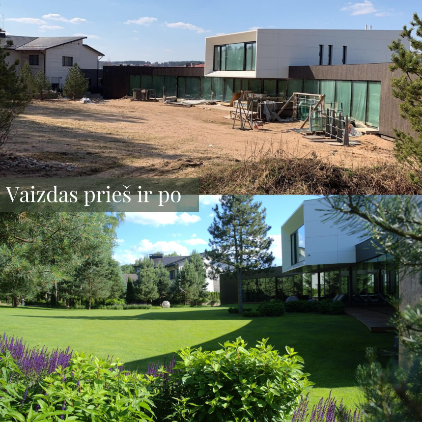 Landšafto dizaino transformacijos pavyzdys – nuo statybų aikštelės iki žalios, harmoningos aplinkos.