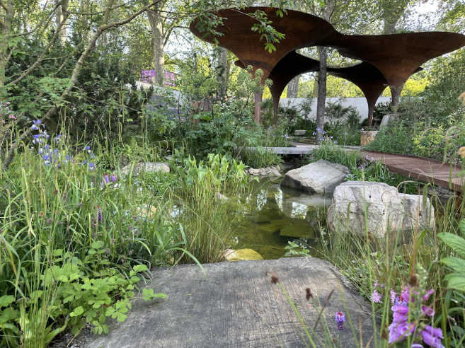 Sodo apželdinimo pavyzdys su vandens telkiniu – natūralistinė aplinka su vandens telkiniu, akmenimis, vešlia augmenija ir moderniu pavėsinės dizainu, harmoningai įsiliejančiu į kraštovaizdį.