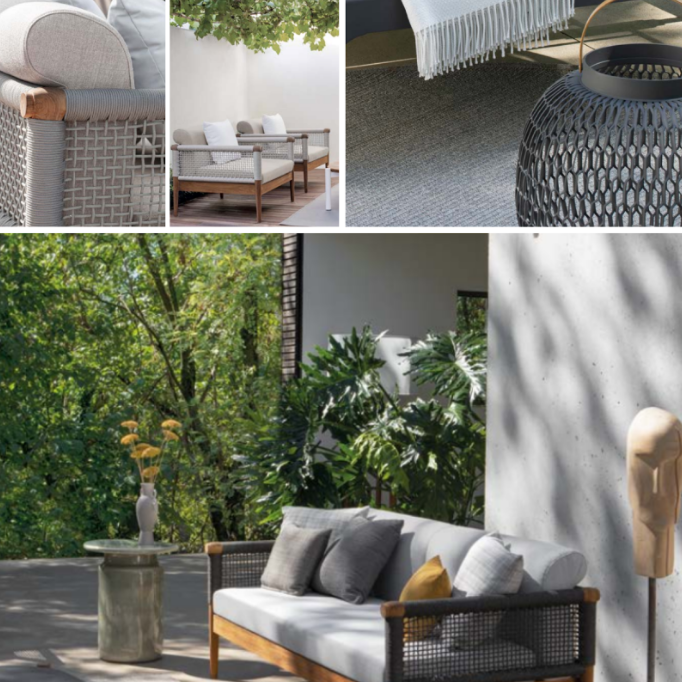 Prabangių lauko baldų dizaino pavyzdys – elegantiški ir modernūs lauko baldai su natūralios medienos ir pintos tekstūros deriniu. Minkštos pagalvės, minimalistiniai aksesuarai ir natūrali žaluma kuria harmoningą ir stilingą lauko poilsio zoną.